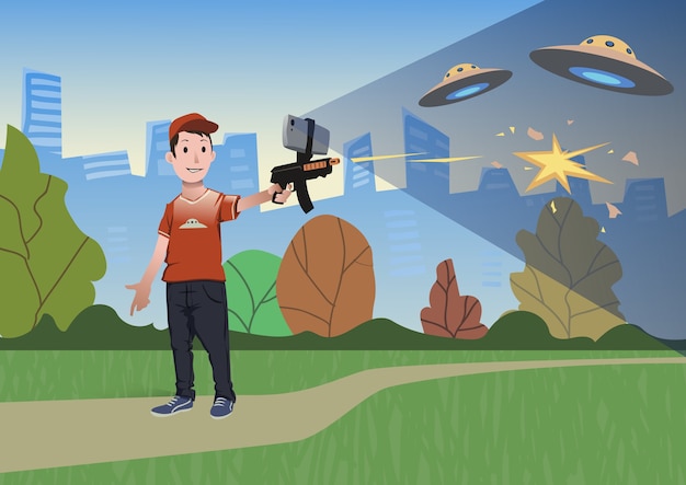 拡張現実ゲーム シューティングゲームをプレイするar銃を持つ少年 携帯電話でのゲームの武器 フラットスタイルのイラスト プレミアムベクター