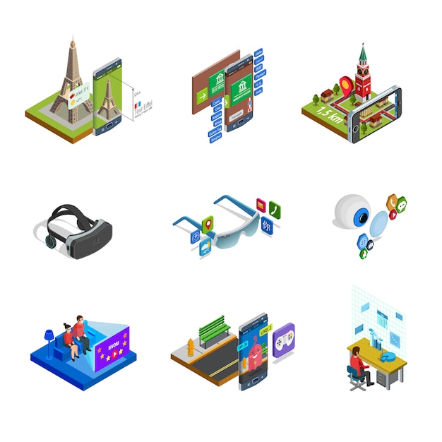 Augmented reality isometric icons set Free Vector