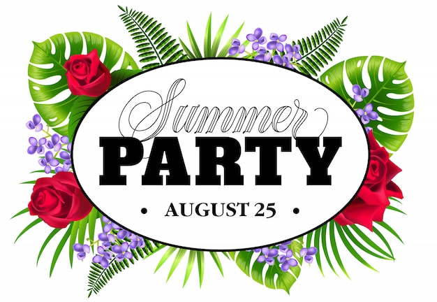 August twenty five summer party flyer with\
exotic leaves, lilac and roses.