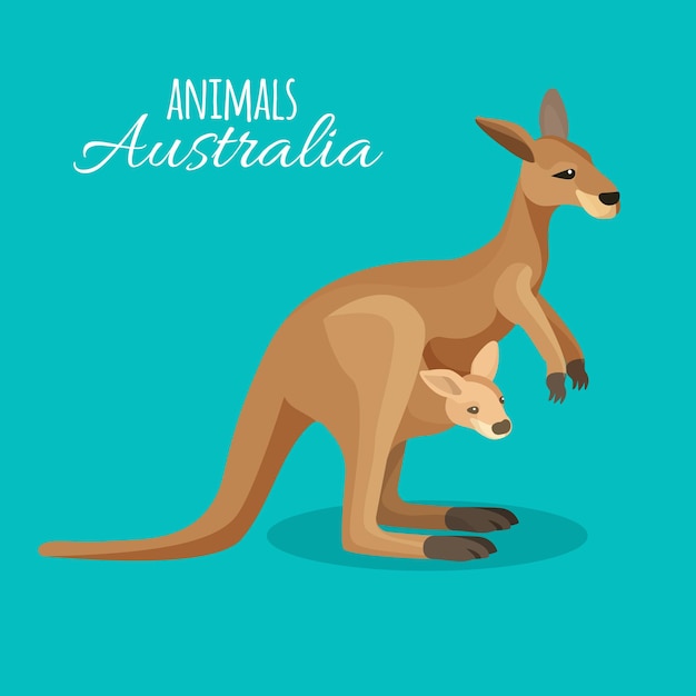 青い背景のポケットに子供を持つオーストラリアのカンガルー動物の母 フラットスタイルの赤ちゃんと孤立したオーストラリアの有袋類の茶色の動物のイラスト 熱帯の草食生物 プレミアムベクター