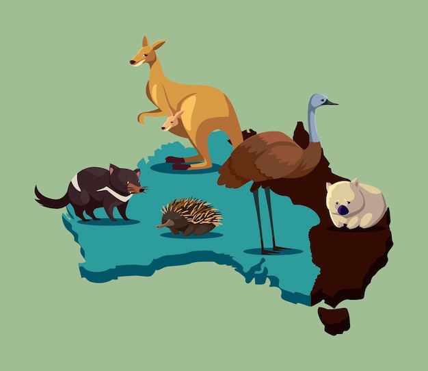 かわいい動物の野生動物のイラストとオーストラリアのオーストラリアの動物の野生動物マップ プレミアムベクター