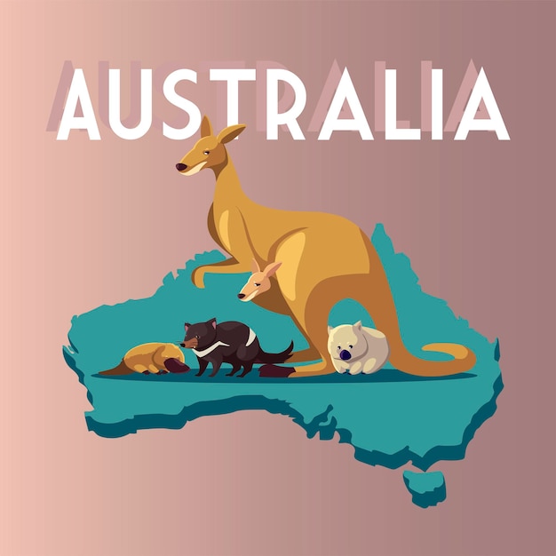 オーストラリアの地図動物面白い漫画野生動物イラスト プレミアムベクター