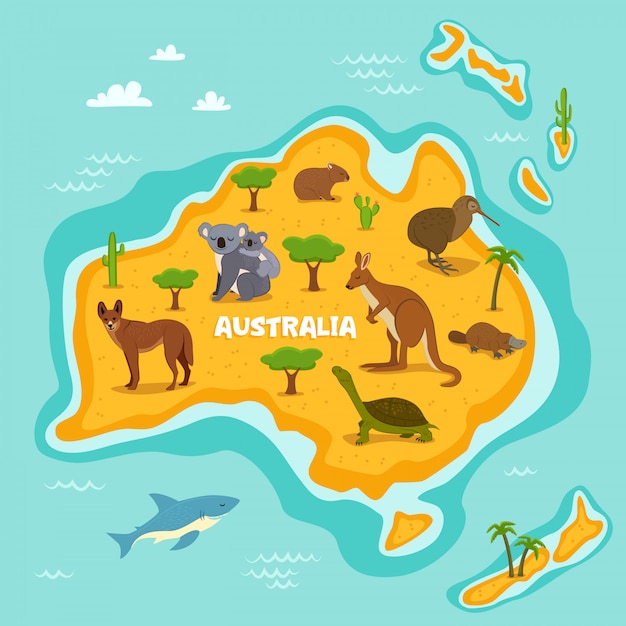 Premium Vector | Australian map with wildlife animals