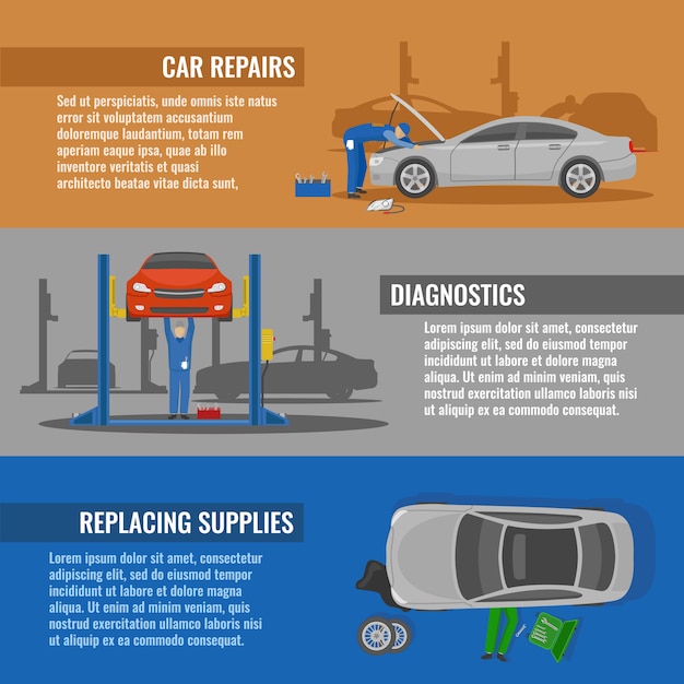 車で設定されたオートサービスの水平方向のバナーは 診断された消耗品を交換して診断を修復します 無料のベクター