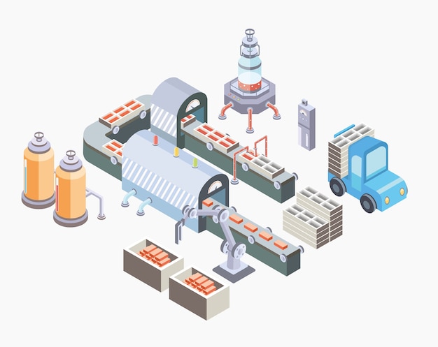 自動化された生産ライン コンベアと様々な機械を備えた工場の床 等角投影 白い背景で隔離のイラスト プレミアムベクター