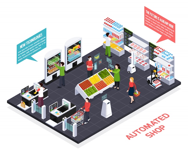 Automated shop isometric composition | Free Vector