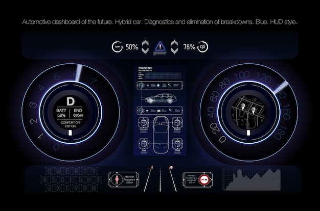 Automotive dashboard of the future. hybrid car. diagnostics and elimination of breakdowns. Premium Vector