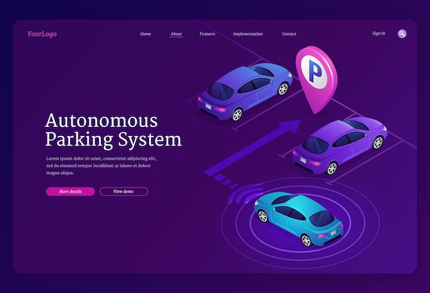 free-vector-autonomous-parking-system-isometric-landing-page-template-self-driving-smart-car