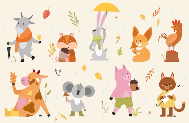 秋の動物イラストセット 漫画の手描きの森で秋のシーズンを楽しんでいるかわいい動物キャラクターと秋の森コレクション 面白い牛山羊鶏オンドリハムスター豚猫 プレミアムベクター