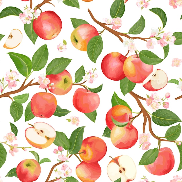 秋のリンゴのシームレスなパターン 夏の果物 葉 花のベクトルの背景 表紙 熱帯の壁紙 ヴィンテージの背景 結婚式の招待状の水彩テクスチャイラスト プレミアムベクター