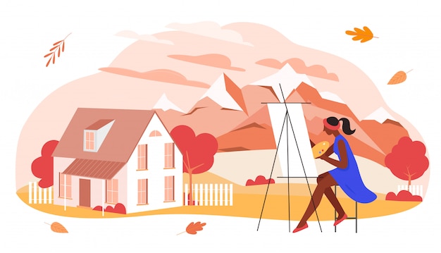 プレミアムベクター 秋のアートイラスト 漫画の女性アーティスト 画家キャラクター絵画秋の村の山の風景の季節の写真 白地にオレンジの葉と秋のシーズンの美しさ
