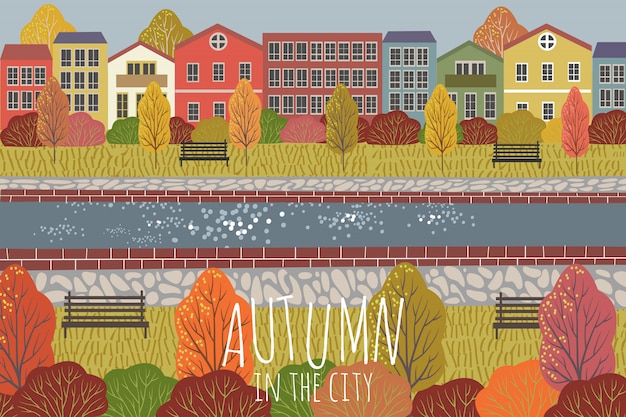 プレミアムベクター 秋の背景 住宅と都市景観のかわいいフラットベクトルイラスト