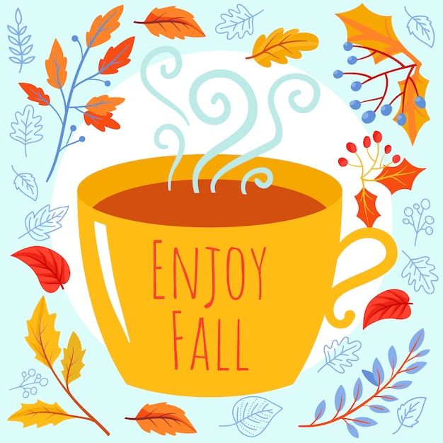 Premium Vector | Autumn background with tea cup, autumn branches and leaves