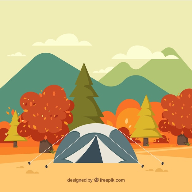 Autumn background with trees and tent