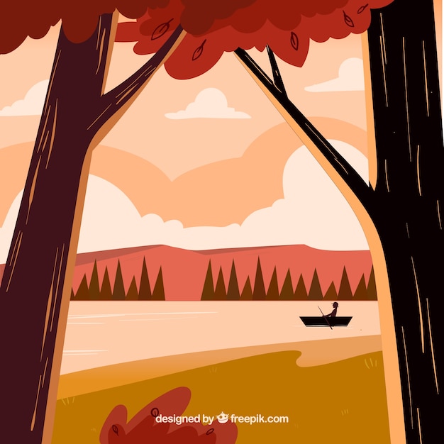 autumn background with trees, boat and\
lake