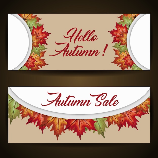 Autumn Banners with Watercolor Orange, Yellow\
and Green Leaves
