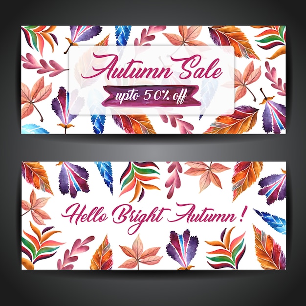 Autumn Banners with Watercolor Orange, Yellow\
and Green Leaves