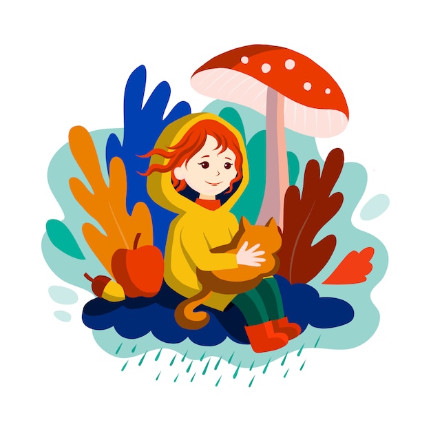 プレミアムベクター 赤い髪 季節のキャラクターを持つ少女の笑顔 秋が来ます