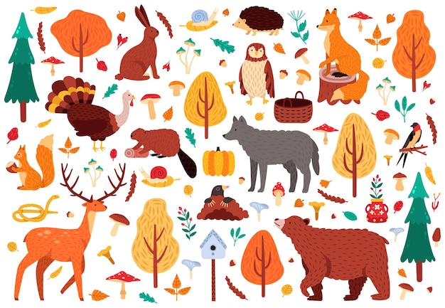 秋のかわいい動物 野生の手描きクマアライグマフォックスと鹿のキャラクター 森の鳥や動物のイラストアイコンセット 森の鳥とクマ 秋の鹿と森のキツネ プレミアムベクター