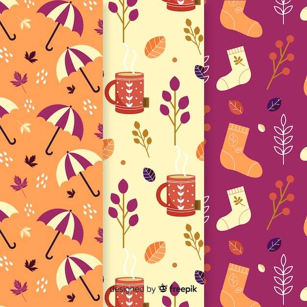Autumn elements pattern collection flat design Free Vector