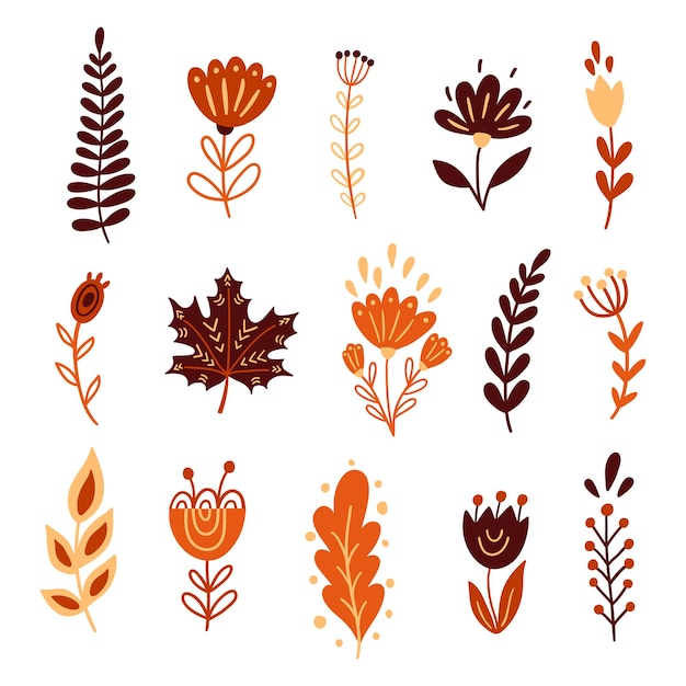 Premium Vector Autumn Floral Elements Flowers Leaves In Doodle Style 2037