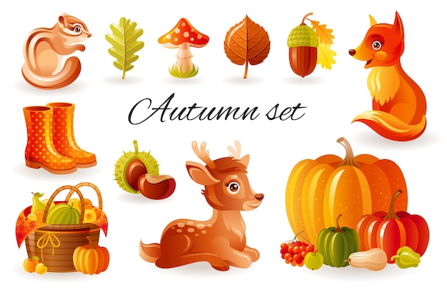 秋の森の動物 かわいい秋のセット リス キツネリス 子鹿と森のイラスト プレミアムベクター
