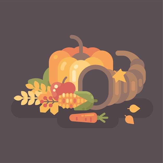 秋の収穫フラットイラスト 果物と野菜とのコーンコーポピア プレミアムベクター