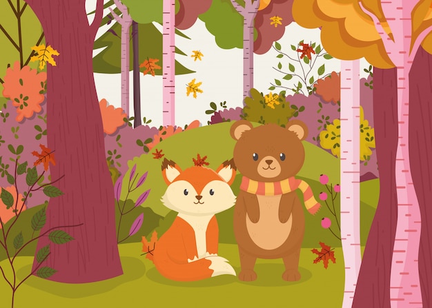 かわいいクマとキツネの森の秋イラスト プレミアムベクター