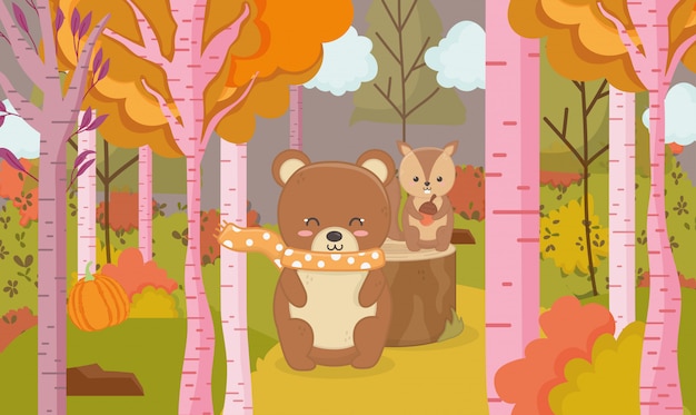 かわいいクマとリスの動物の森の秋イラスト プレミアムベクター