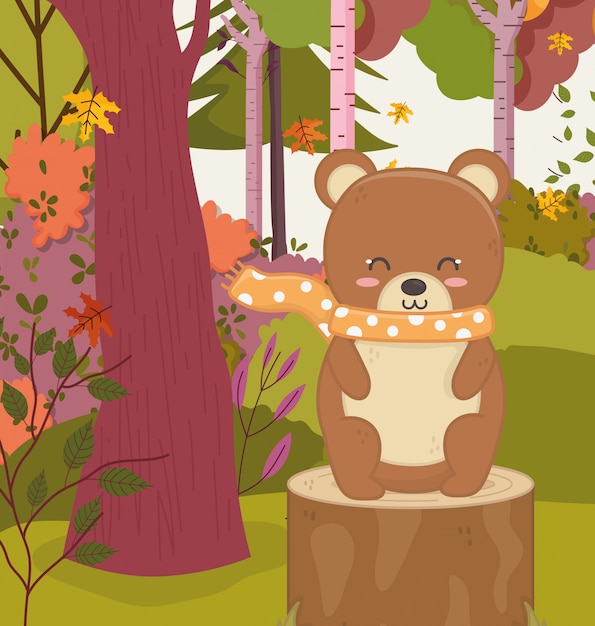 切り株の森に座っているかわいいクマの秋のイラスト プレミアムベクター