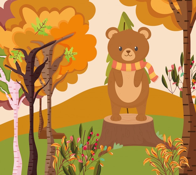 トランクの森に立っているかわいいクマの秋イラスト プレミアムベクター
