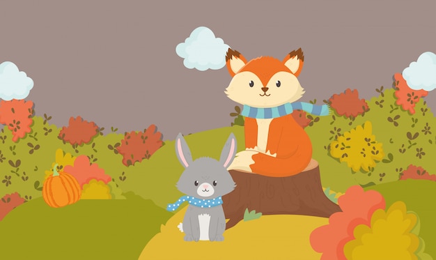 プレミアムベクター かわいいキツネとウサギのスカーフ動物の秋イラスト