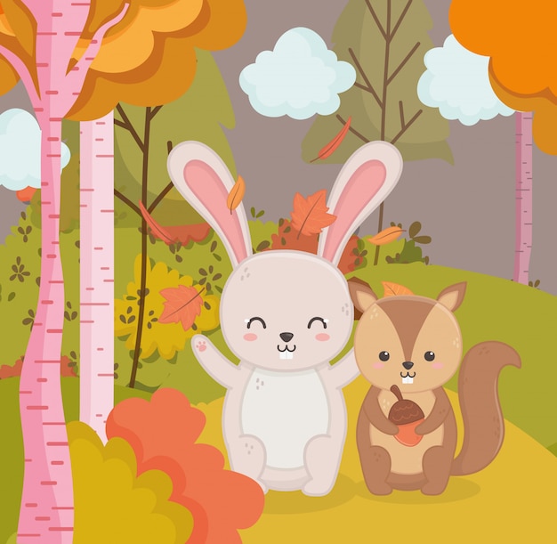 かわいいウサギとリスとドングリの森の秋イラスト プレミアムベクター