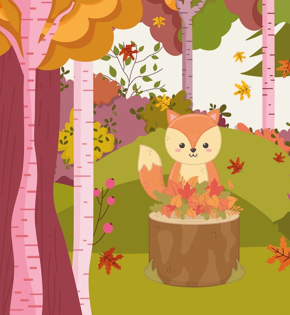 葉の森とトランクでかわいいリスの秋イラスト プレミアムベクター