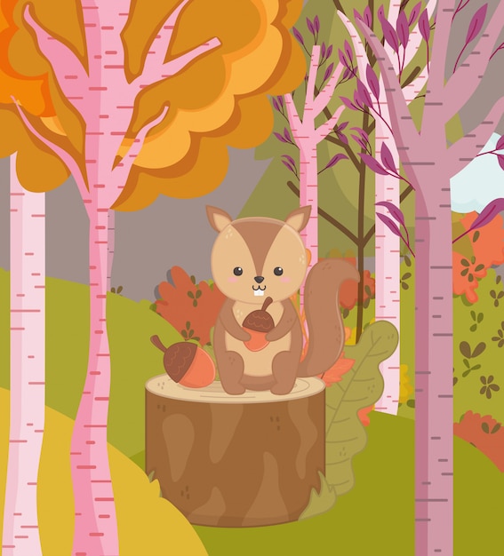 プレミアムベクター ドングリの森の木とかわいいリスの秋イラスト
