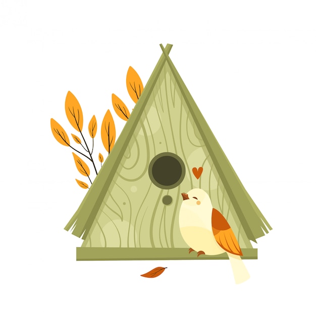 鳥と木の家と秋のイラスト プレミアムベクター