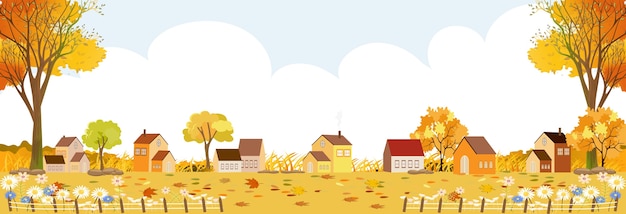 村の秋の風景 農家のある田舎のイラスト 田舎の風景 秋の季節の村の風景カントリーパノラマビュー プレミアムベクター
