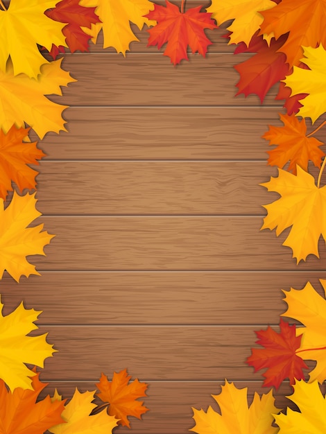 Premium Vector Autumn Leaves On Wooden Background Frame From Fallen Maple Leaf