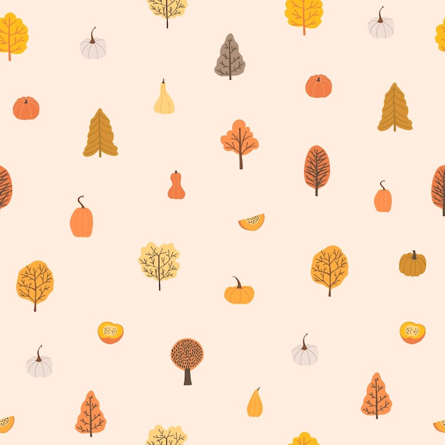 Premium Vector | Autumn mood seamless pattern with tiny trees, pumpkins.