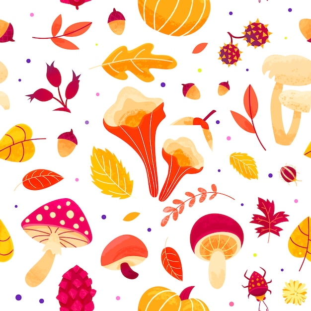 Autumn pattern with leaves, mushrooms, twigs, beetles and seeds. fall season seamless  design. Premi