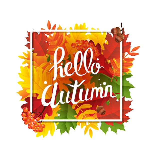 Premium Vector | Autumn poster with green and yellow leaves with ...