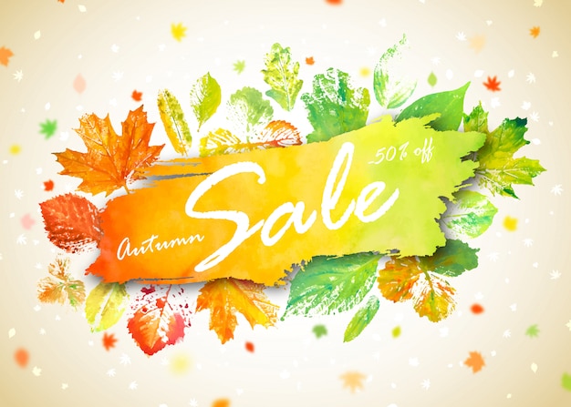 Autumn Season Sale Banner. Concept Autumn Advertising With Hand Drawn Watercolor Fall Leaves