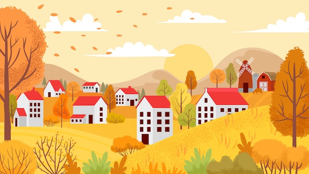 秋の村の風景 田舎の紅葉庭園 黄色の木々 晴れた日の背景イラスト プレミアムベクター