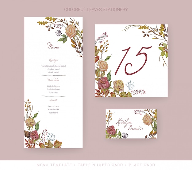 Download Autumn wedding menu template, table number card, place card Vector | Premium Download