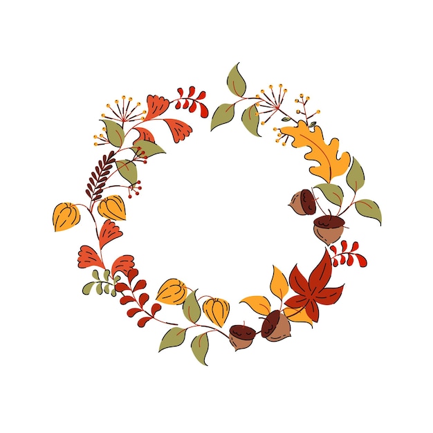 Premium Vector Autumn wreath with leaves and flowers in hand drawn style