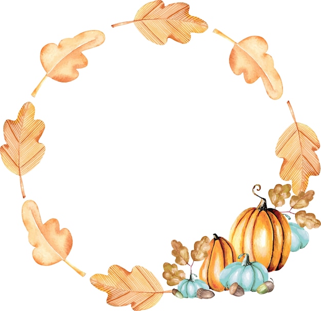 Download Autumn wreath with watercolor pumpkins and oak leaves ...