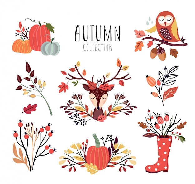 Autumnal arrangements collection with seasonal bouquets and animals Premium Vector