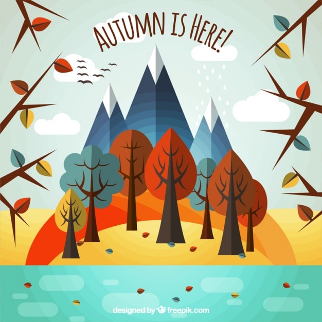 Autumnal landscape with river and geometric
trees