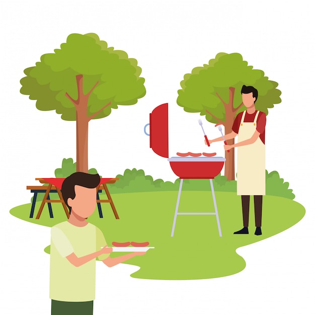 Premium Vector | Avatar man and boy in a bbq grill and picnic