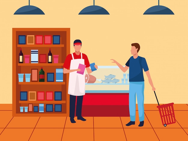 Premium Vector | Avatar supermarket worker helping a customer at ...